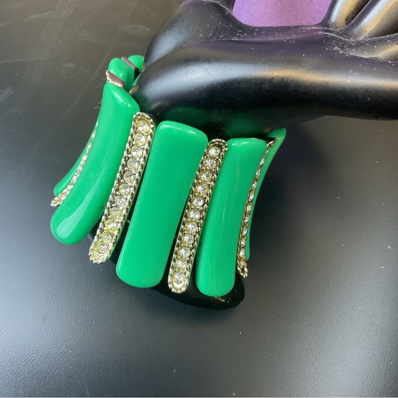 Green and silver  stretchy adjustable bracelet with faux diamonds/ rhinestones - Picture 5 of 11